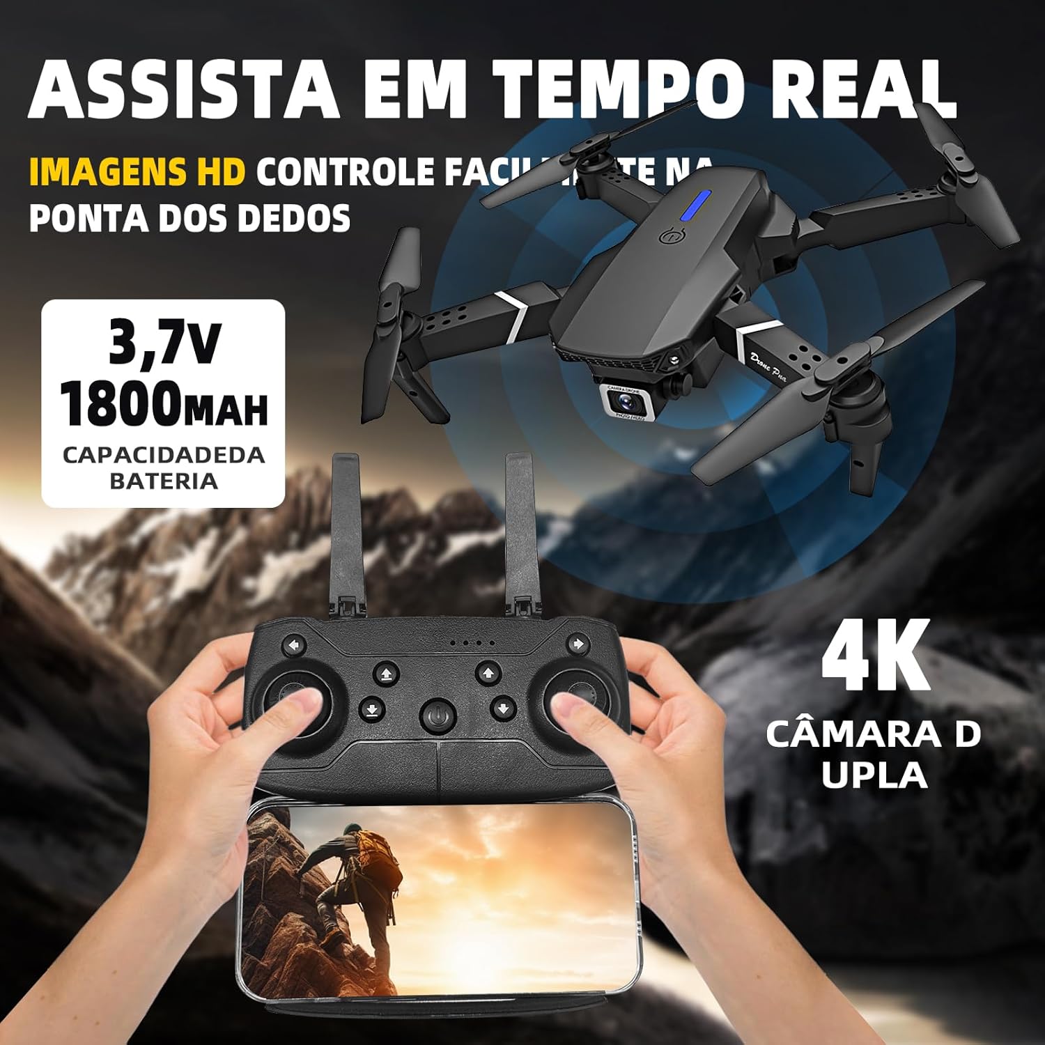Drone com Camera E88 Drone FPV Mini Drone Dobrável 4K HD Câmeras Quadricóptero