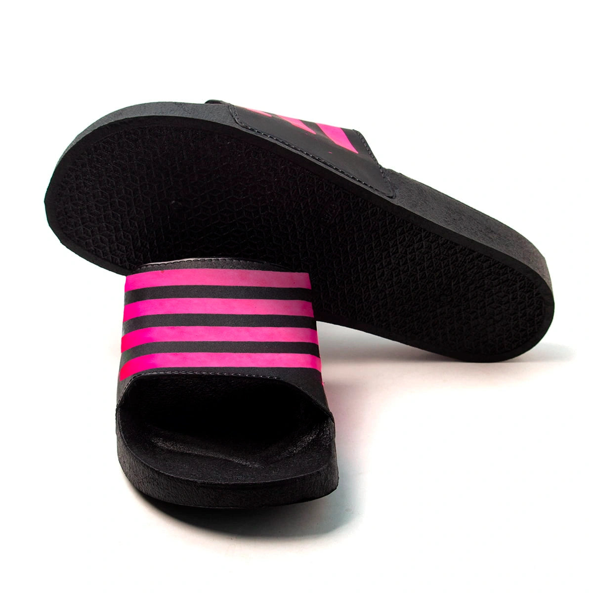Chinelo Slide Feminino Listras Preto Pink