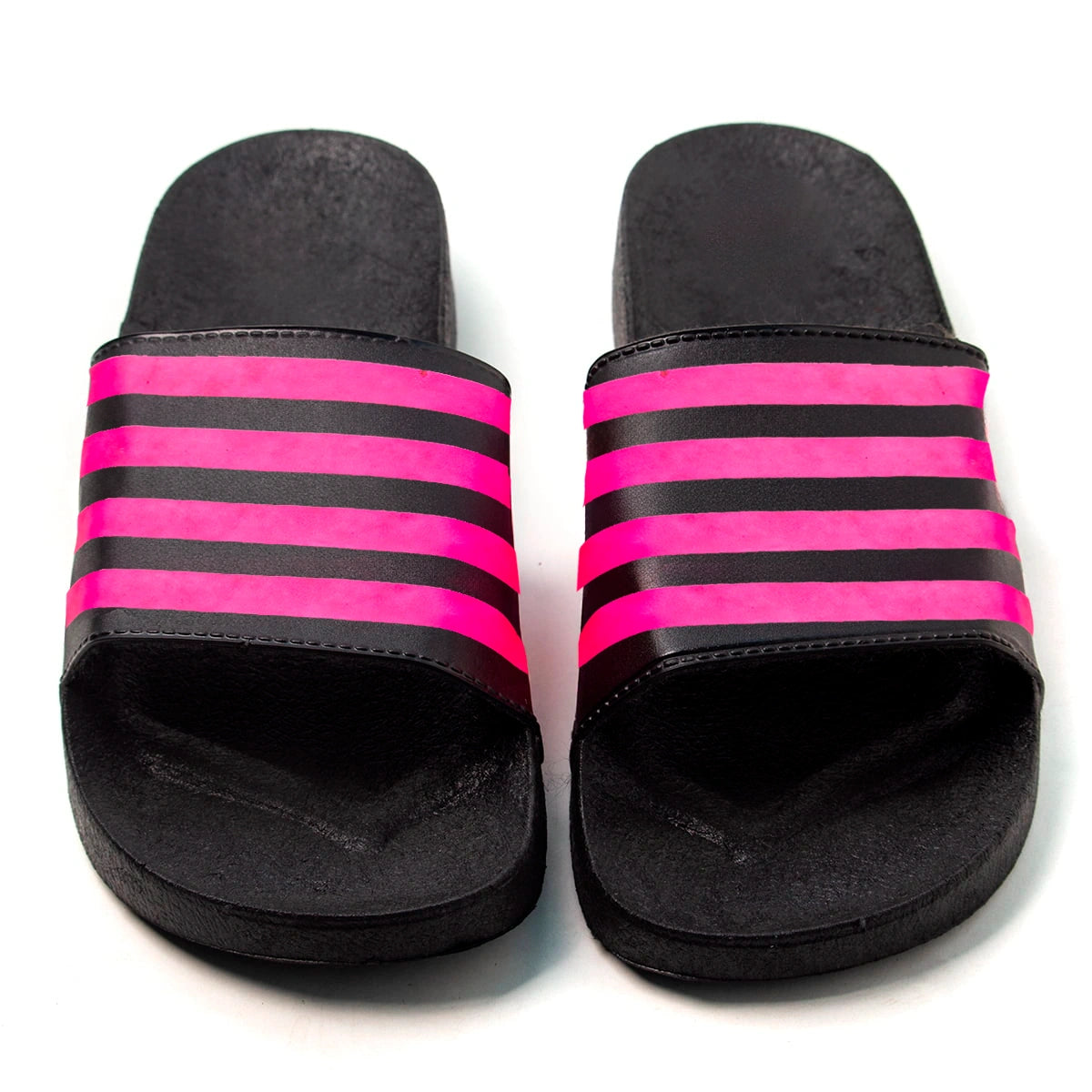 Chinelo Slide Feminino Listras Preto Pink
